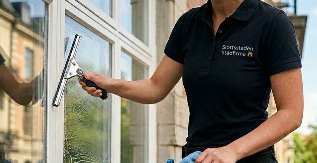 Professionell fönsterputsning i Slottsstaden utförd av Slottsstaden Städfirma. Bilden visar en fönsterputsare i svart profiltröja med logotyp...