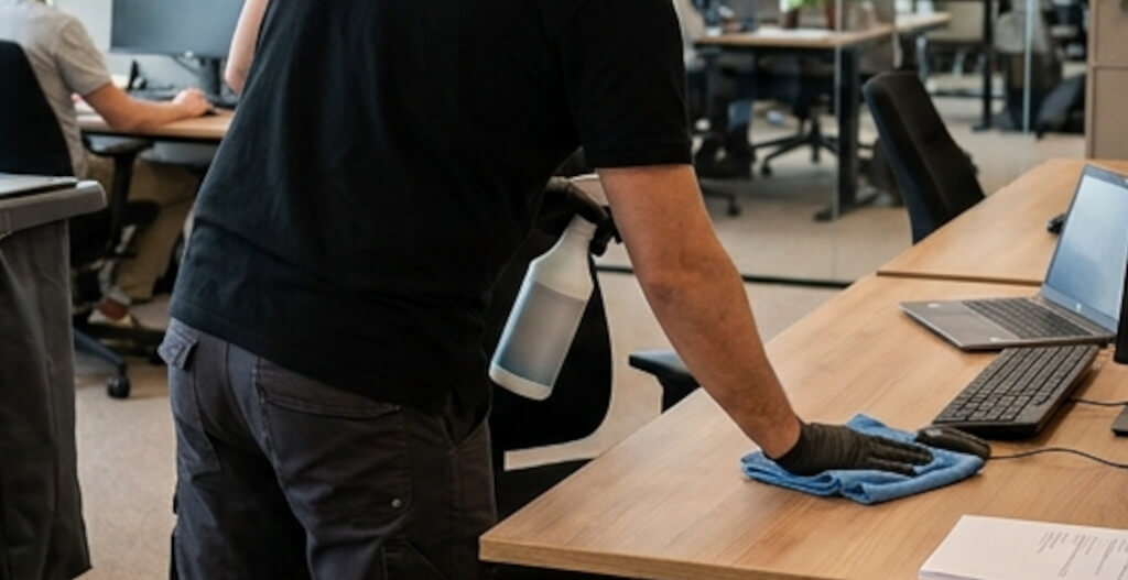 Professionell kontorsstädning av skrivbord i ett modernt kontor i Malmö